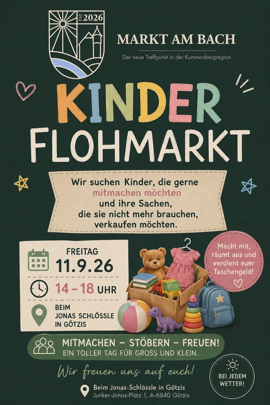 Flyer Kinderflohmarkt am Markt am Bach am 11. September 2026